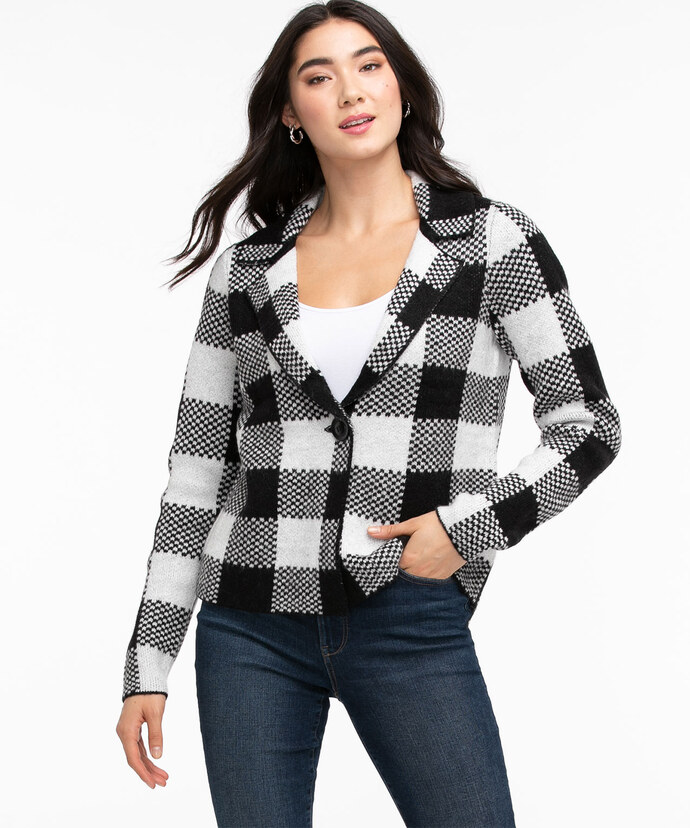 One-Button Plaid Sweater Jacket Image 1