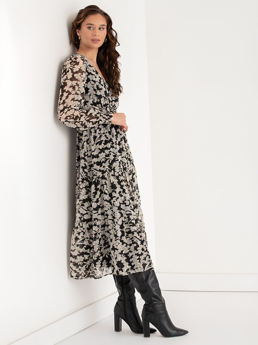 White floral long sleeve maxi dress sale