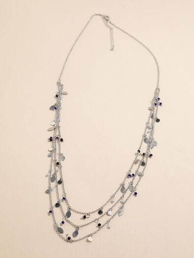 Long Layered Chain & Blue Beaded Necklace, Rhodium/Blue
