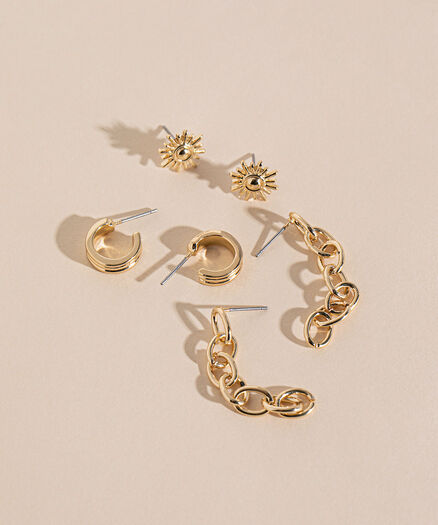 Gold Sun, Hoop, & Chain Earrings, Gold