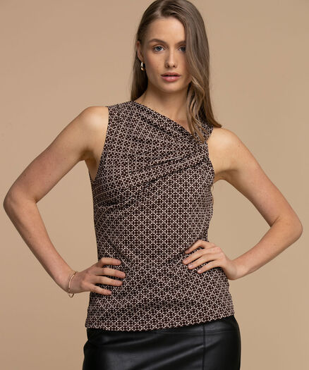 Sleeveless Asymmetrical Top, Brown Geo Sleeveless Asymmetrical Top, Brown Geo