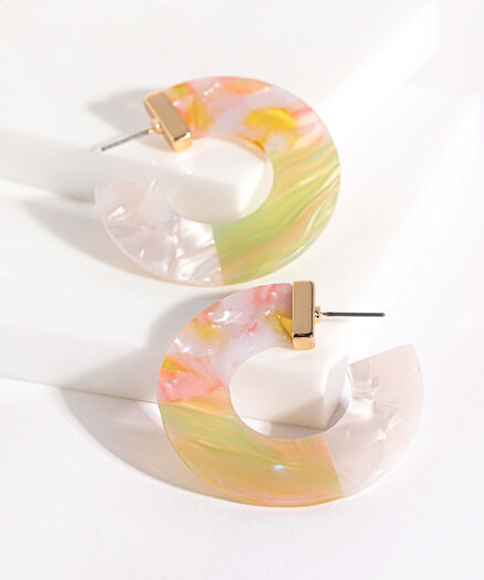 Marbled Resin Flat Hoop Earring, Pink/Green Marbled Resin Flat Hoop Earring, Pink/Green