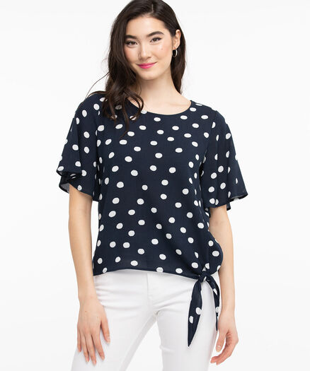 Short Sleeve Side Tie Blouse, Navy/White Polka Dot Short Sleeve Side Tie Blouse, Navy/White Polka Dot