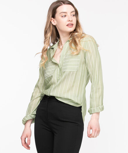 Collared Tie-Front Blouse, Green/White Stripe
