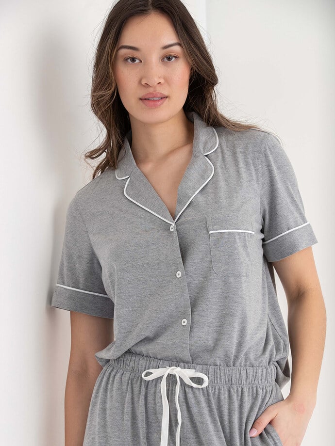 Short Sleeve Button Down Shirt with Crop Pant Sleep Set Image 2