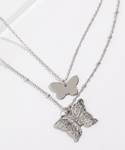Layered Butterfly Necklace, Silver