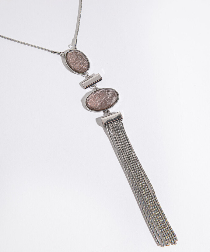 Long Silver Necklace with Epoxy Stone & Tassel Pendant Image 2