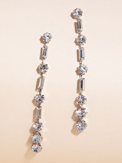 Silver Drop Earrings with Round + Square Crystals, Silver