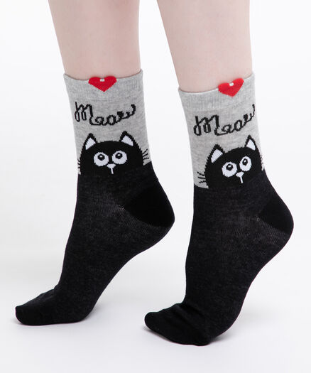 "Meow" Cat Sock, Black/Grey/Red