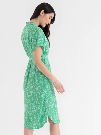 Short Sleeve Belted Shirt Dress, Ming Green Floral Short Sleeve Belted Shirt Dress, Ming Green Floral