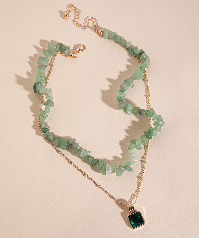 Layered Green Stone Necklace with Square Charm Image 1