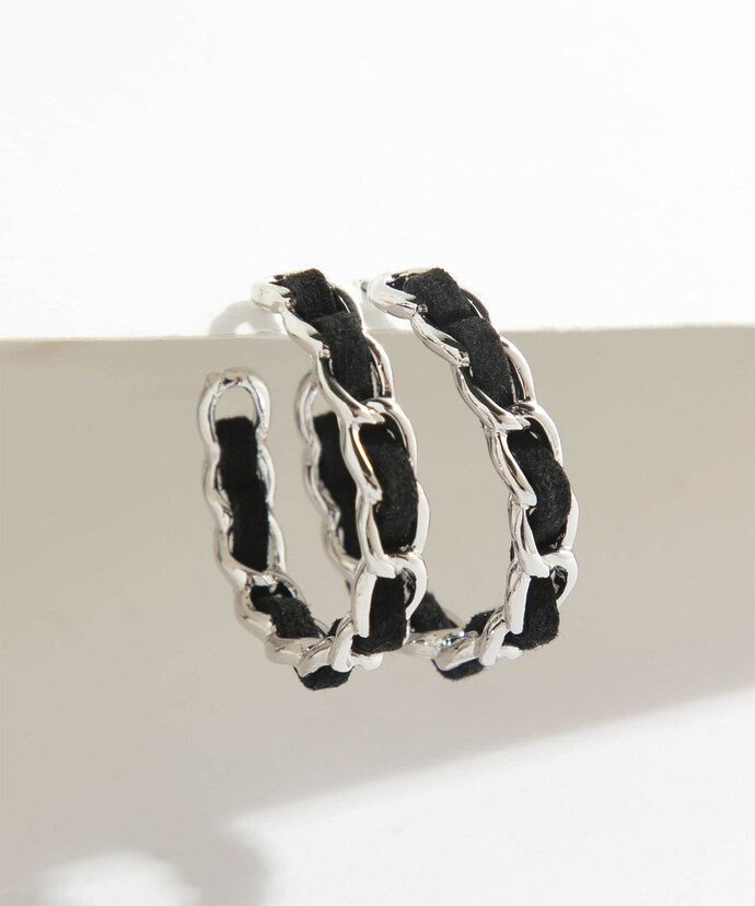 Silver and Black Chain Link Hoop Earrings Image 1