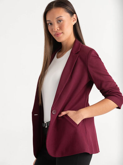 Hampton 3/4 Ruched Sleeve Ponte Blazer, Windsor Wine Hampton 3/4 Ruched Sleeve Ponte Blazer, Windsor Wine
