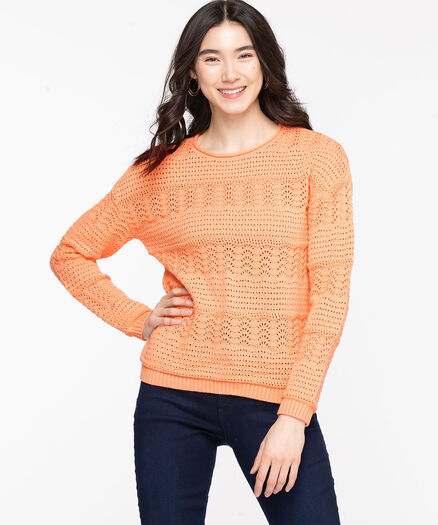 Cotton Pointelle Pullover Sweater, Coral Reef
