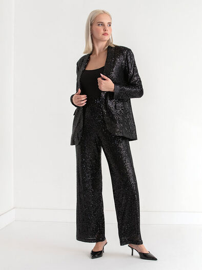 Pull-On Wide Leg Sequin Pant, Black Sparkle Pull-On Wide Leg Sequin Pant, Black Sparkle