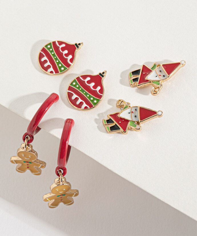 Santa, Ornament & Gingerbread Earring Trio Image 2