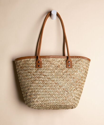 Straw Tote with Leather Detail, Brown