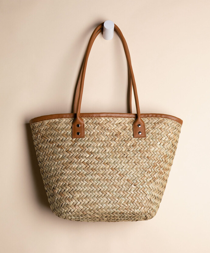 Straw Tote with Leather Detail Image 1