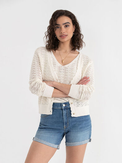 Long Sleeve Pointelle Cardigan, Oatmeal Long Sleeve Pointelle Cardigan, Oatmeal