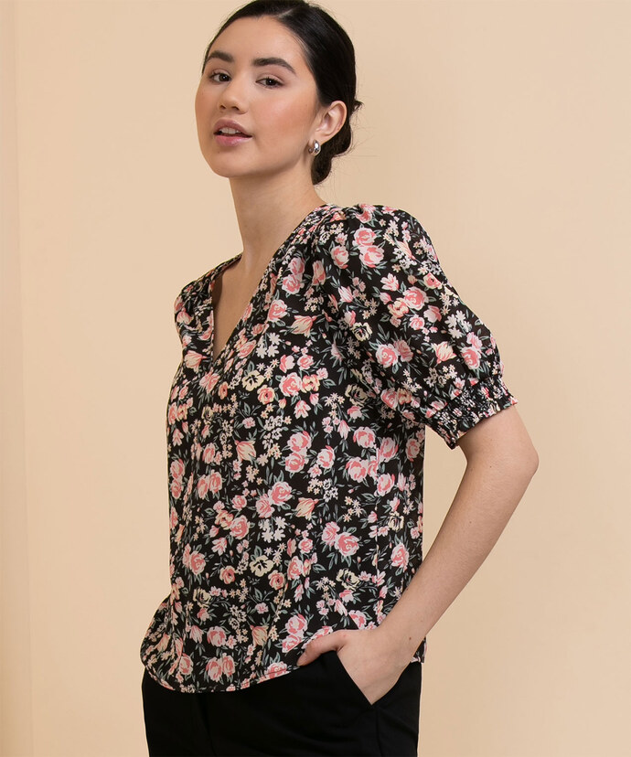 Puff Sleeve V-Neck Blouse with Smocked Shoulders Image 1