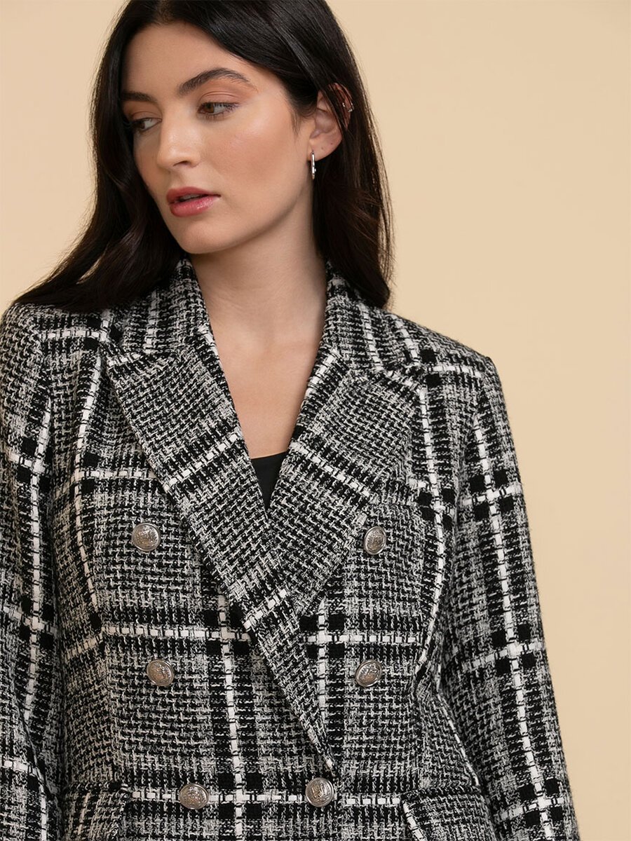 Double Breasted Trophy Blazer in Plaid Boucle