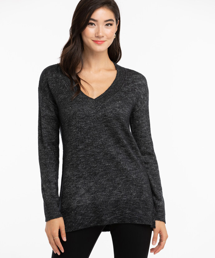 V-Neck Pointelle Sleeve Sweater Image 1