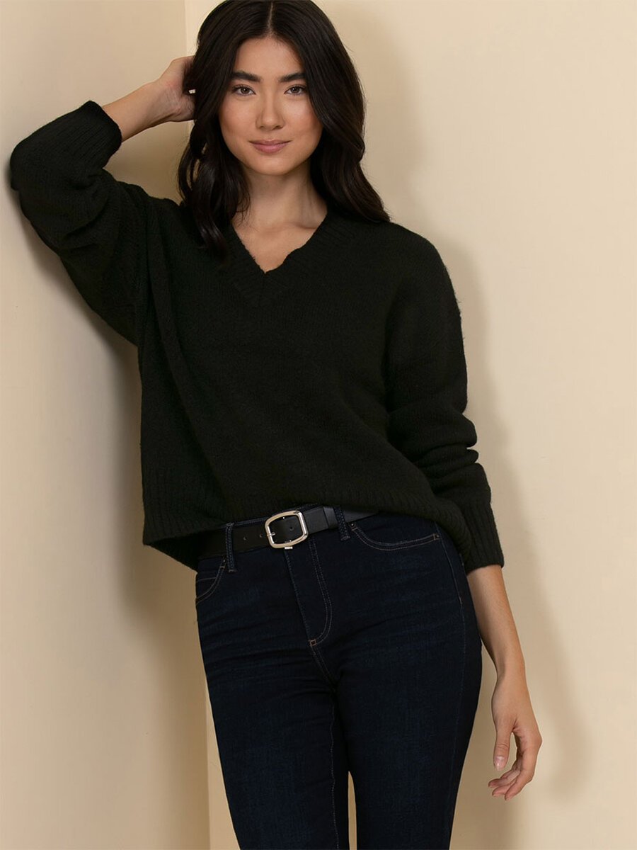 Relaxed Rib Trim V-Neck Sweater