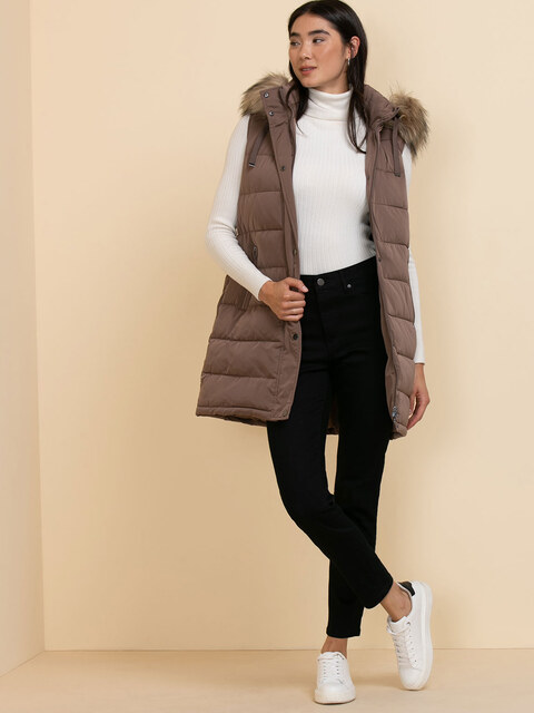 Carlyn Long Puffer Vest with Detachable Hood & Fur Trim