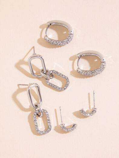 Silver Pave Paperclip + Hoop + Stud Earring Set, Silver