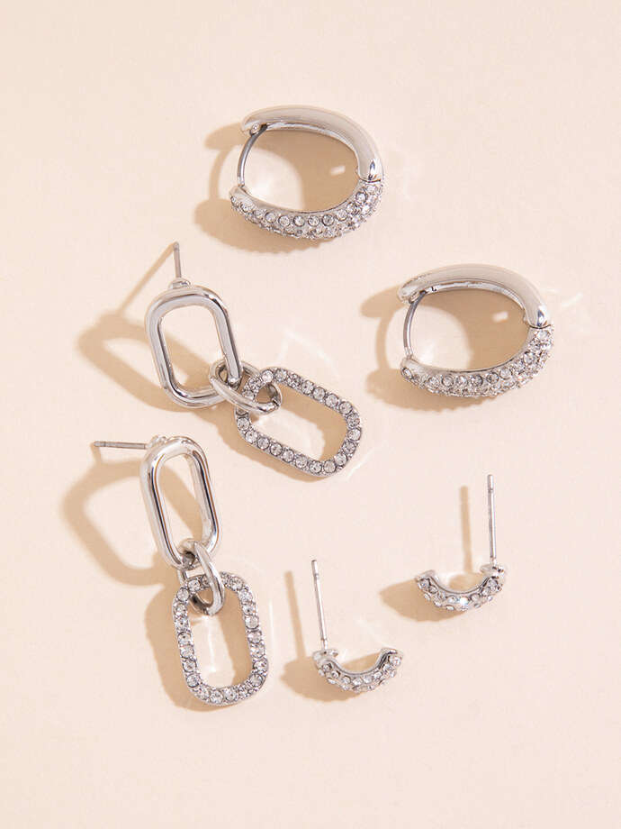 Silver Pave Paperclip + Hoop + Stud Earring Set Image 1