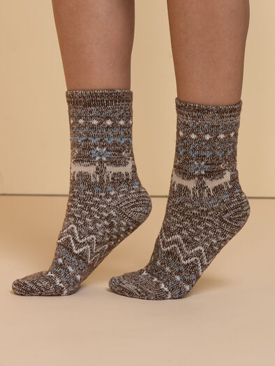 Cozy Fair Isle Socks, Brown/Grey