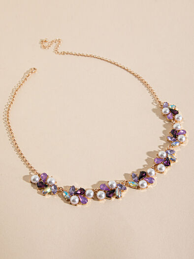 Statement Crystal + Pearl Necklace, Gold