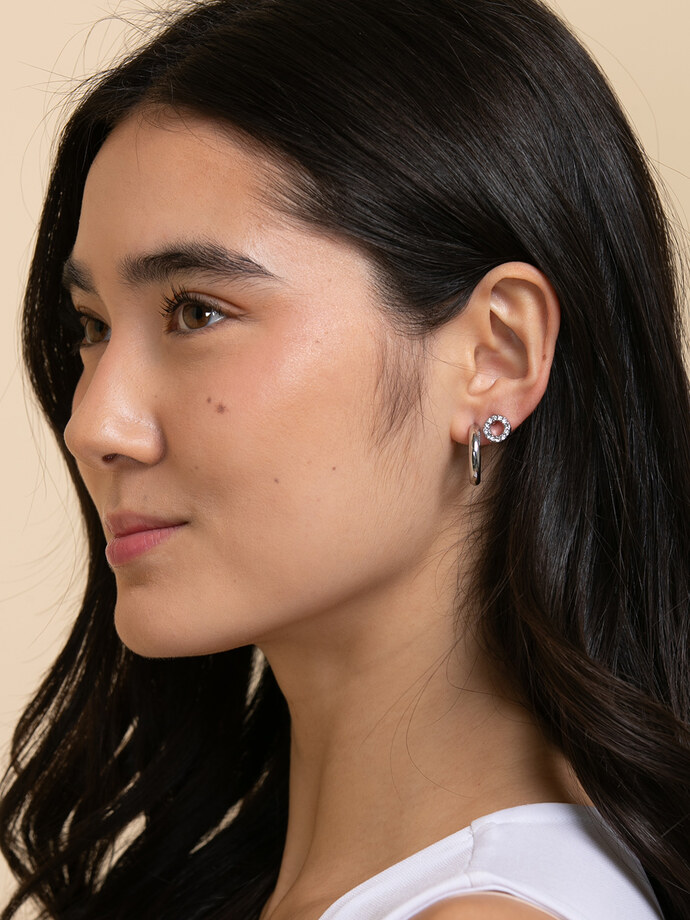 Silver Studded Pave Circle + Emerald Cut + Hoop Earring Trio Image 2