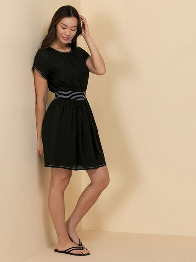 Smocked Waist Dress with Flutter Sleeves, Black Smocked Waist Dress with Flutter Sleeves, Black