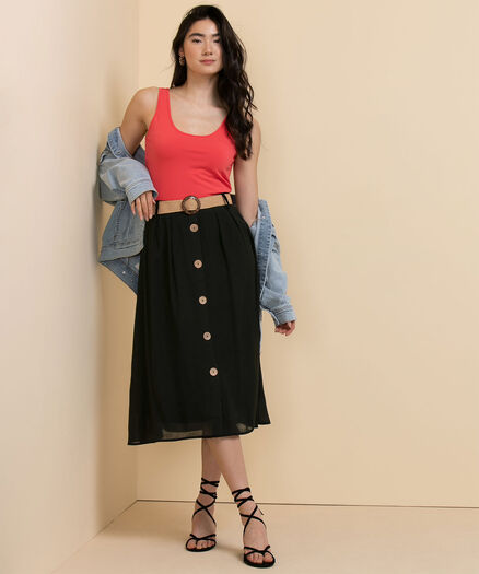 Textured Midi Skirt with Wood Buttons, Black