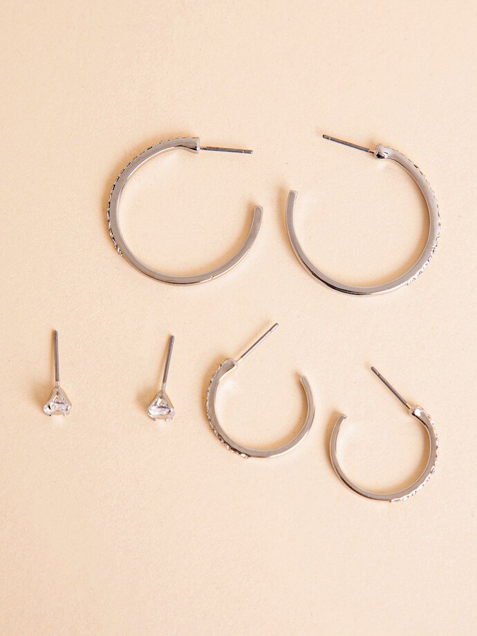 Trio Pack Silver Studs and Hoops Image 3