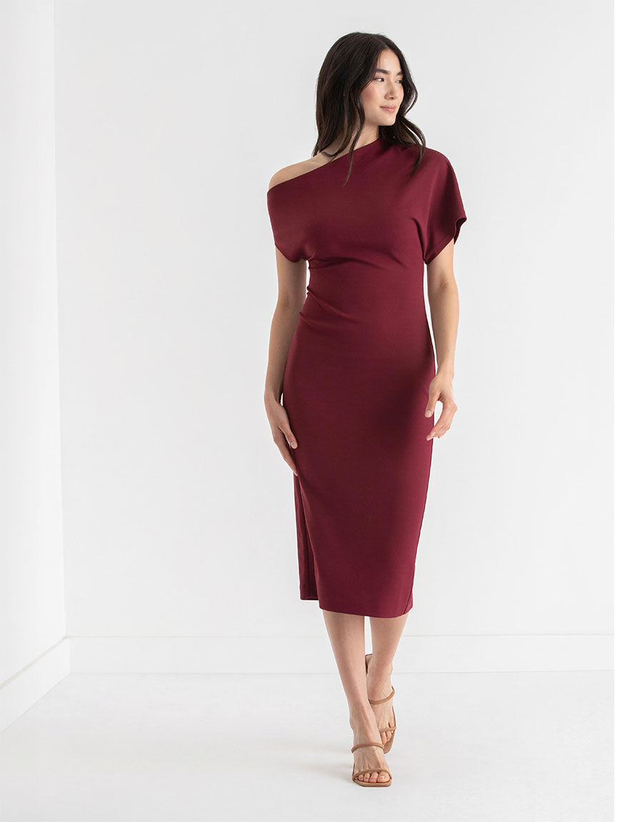 Asymmetrical Sleeve Midi Dress in Iconic Crepe Rickis