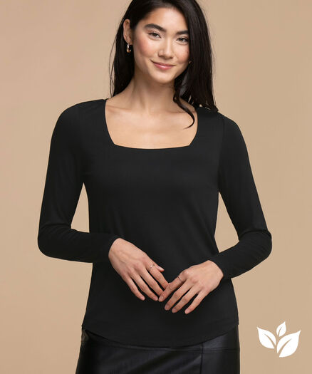 Eco-Friendly Mesh-Lined Square Neck Top, Black