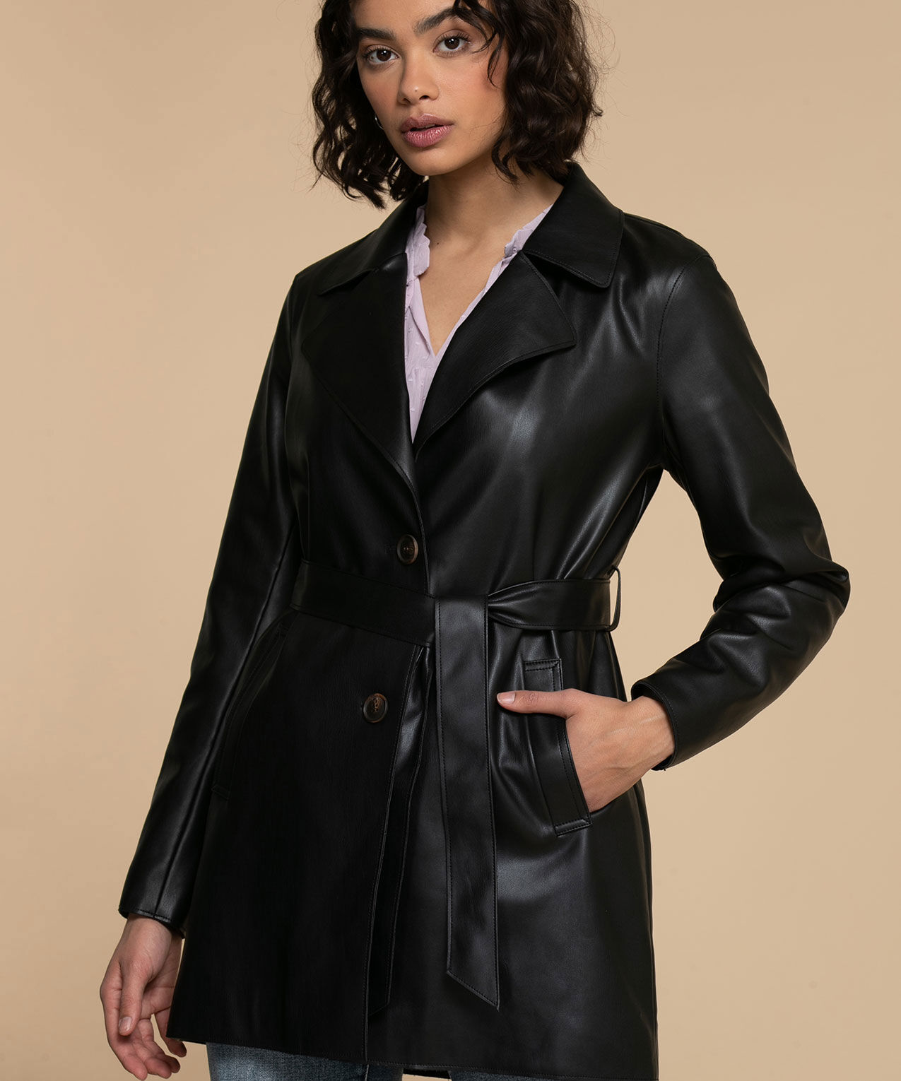 Belted leather trench top