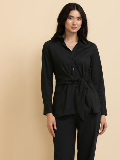 Collared Blouse with Tie Waist, Black Collared Blouse with Tie Waist, Black