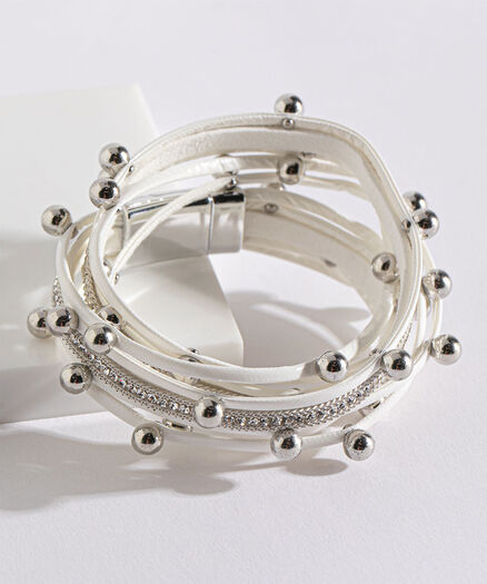 Double Twist White Snap Bracelet /w Silver Beads, White