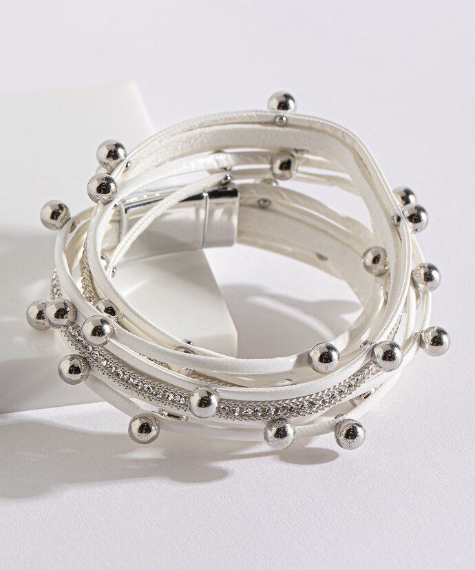 Double Twist White Snap Bracelet /w Silver Beads Image 1