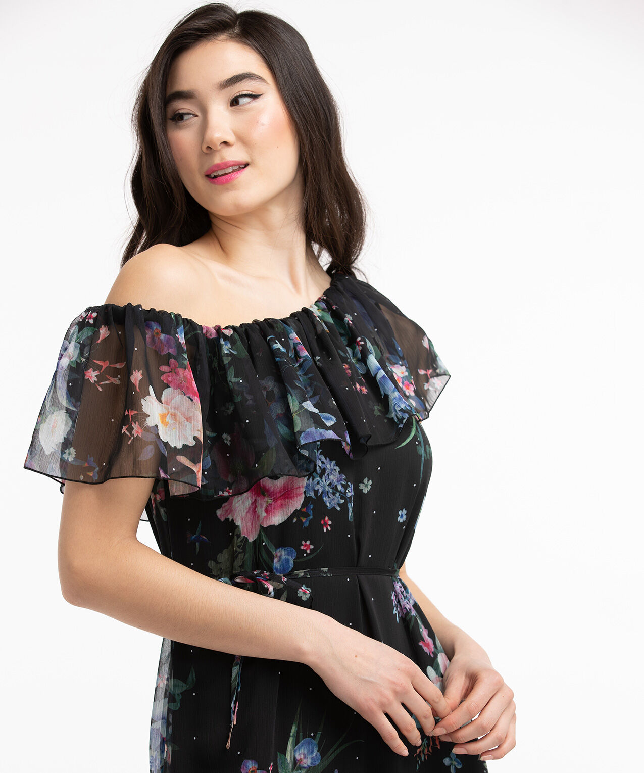 Black sheer ruffle dress cheap