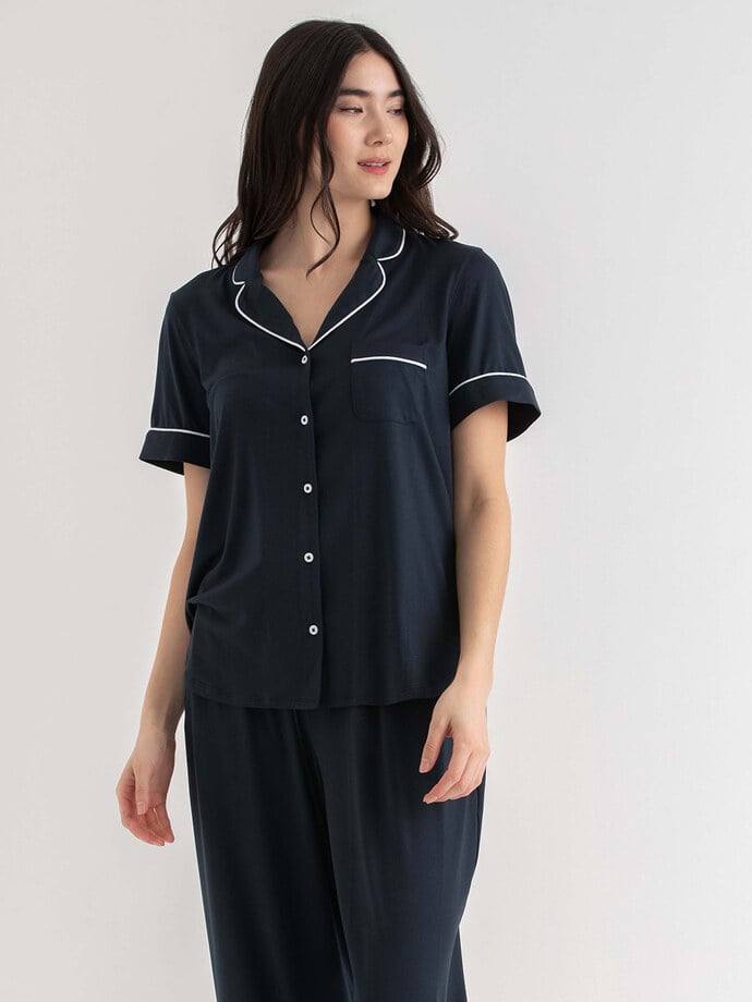 Short Sleeve Button Down Shirt with Crop Pant Sleep Set Image 4