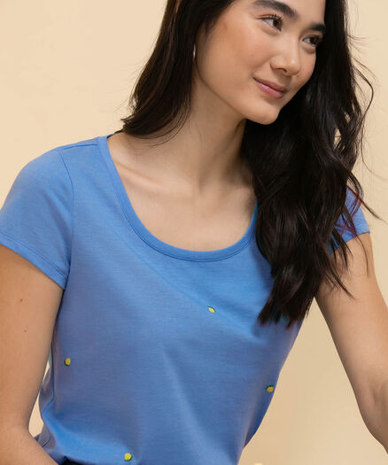 Embroidery Tee, Blue/ Yellow Print