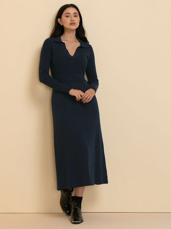 Polo Collar Ribbed Sweater Dress Image 1
