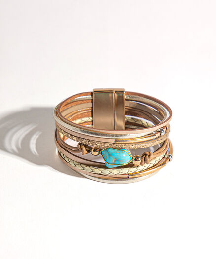 Turquoise Stone Layered Snap Bracelet, Beige/Turquoise
