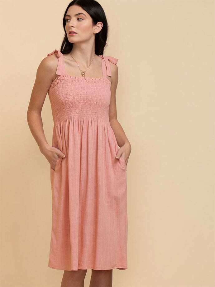 Smocked Linen Dress with Adjustable Straps Image 3