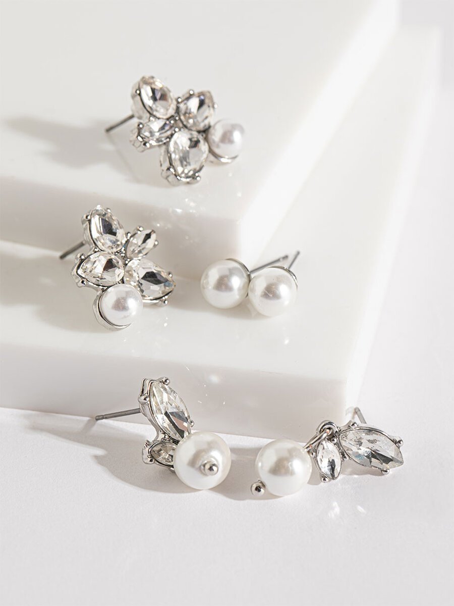 Ivory Pearls and Crystals Earrings Trio