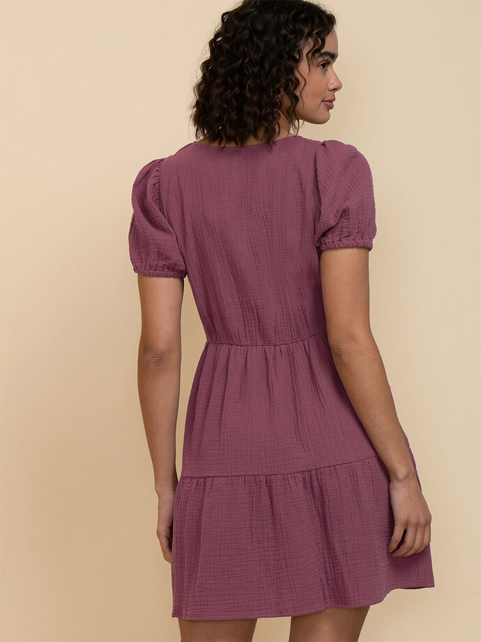 Puff Sleeve Tiered Dress in Crinkle Cotton Image 4